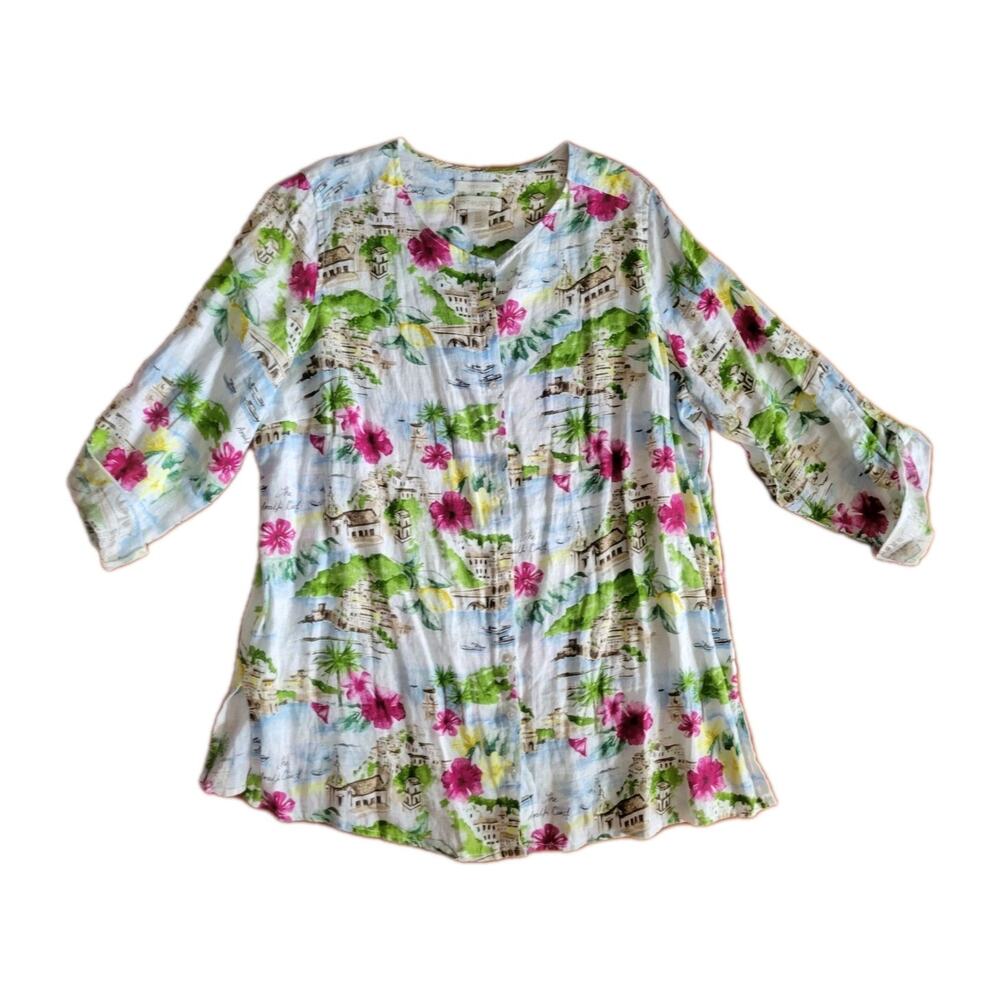 Cynthia Rowley Linen Tunic Shirt Womens 1X Italy Village Print Coastal Preppy